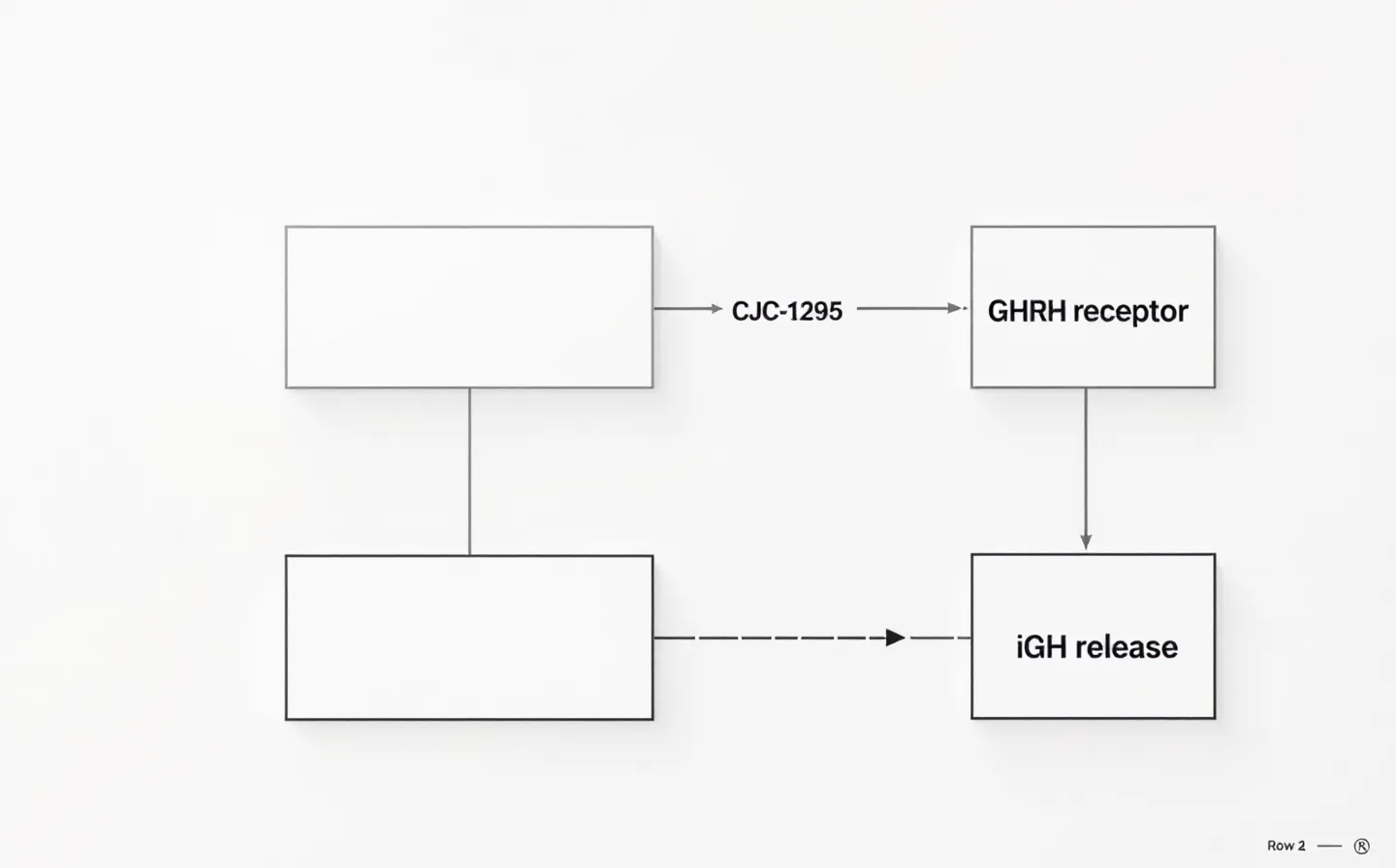 Two-row journal-figure comparing the CJC-1295 GHRH-receptor pathway and the ipamorelin GHS-receptor pathway converging on GH release